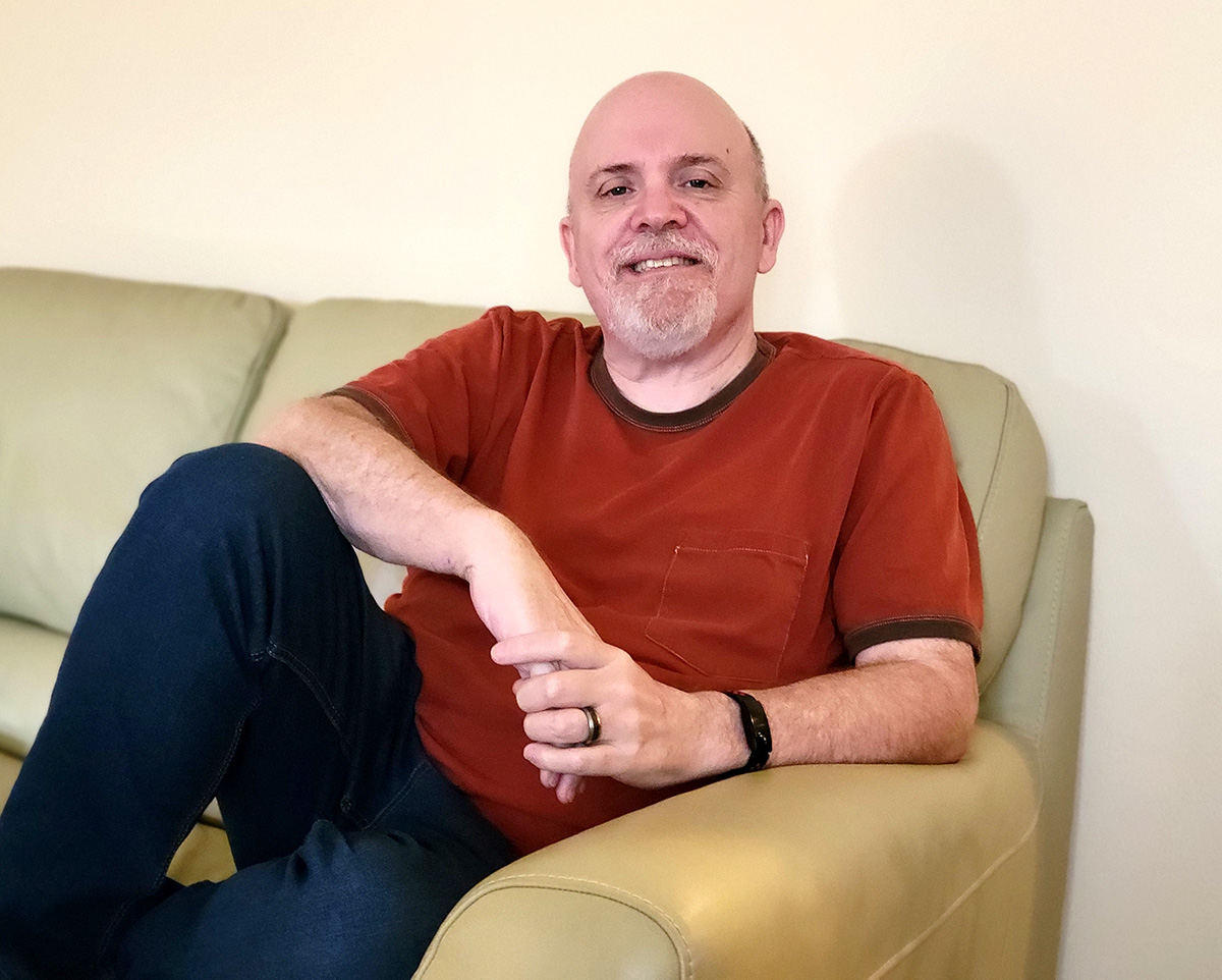 author Brad Shreve on couch